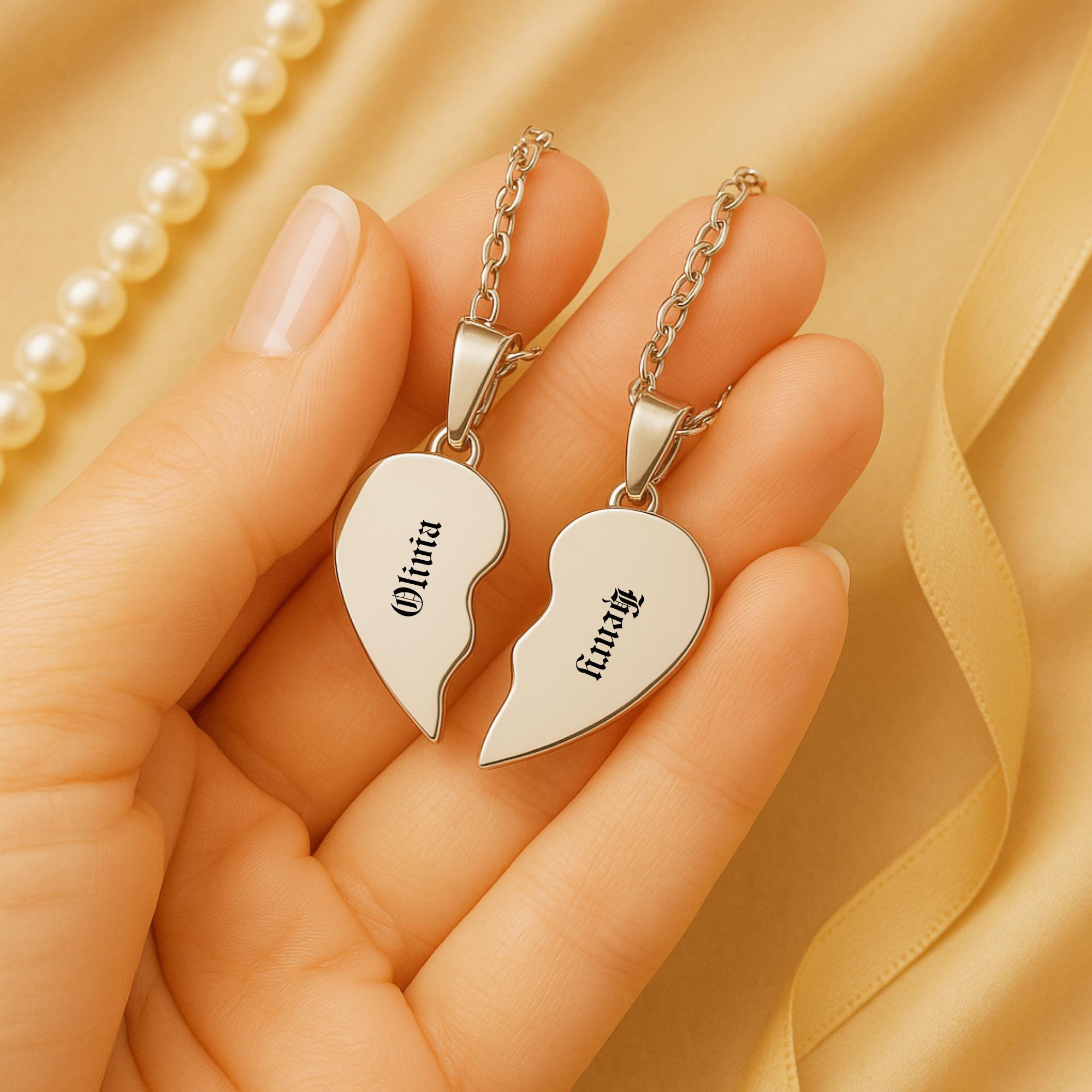 Custom Couple’s Heart Necklace Set – Personalized Half-Heart Pendants